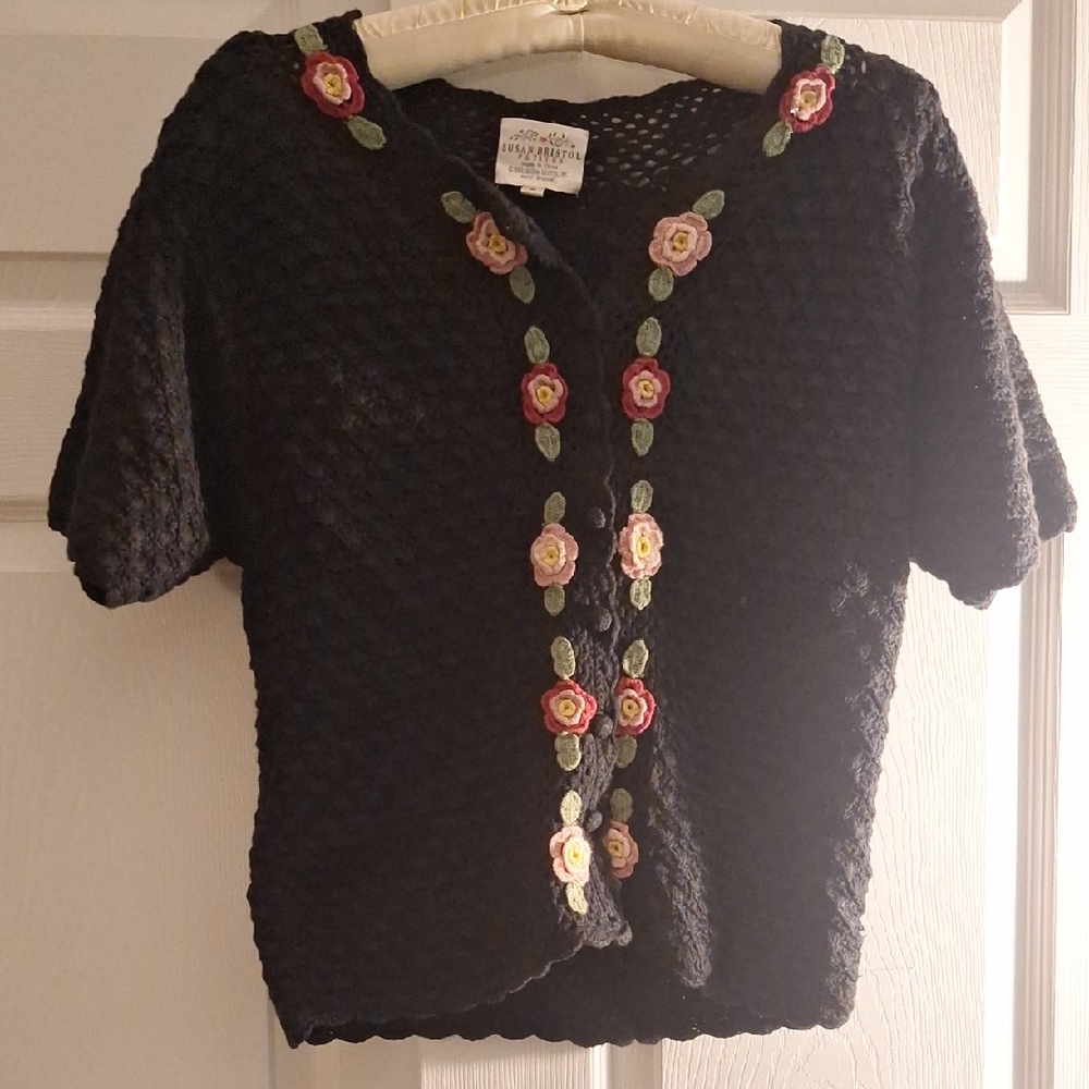 Black Crocheted Cardigan with Floral Embroidery